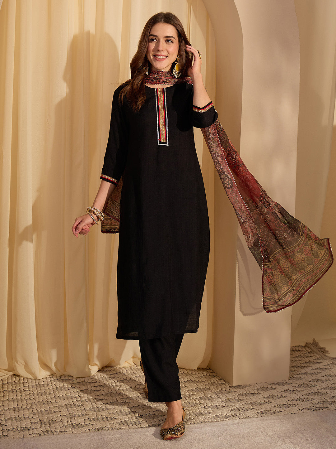 Janasya Women's Black Silk Blend Embellished Straight Kurta Set