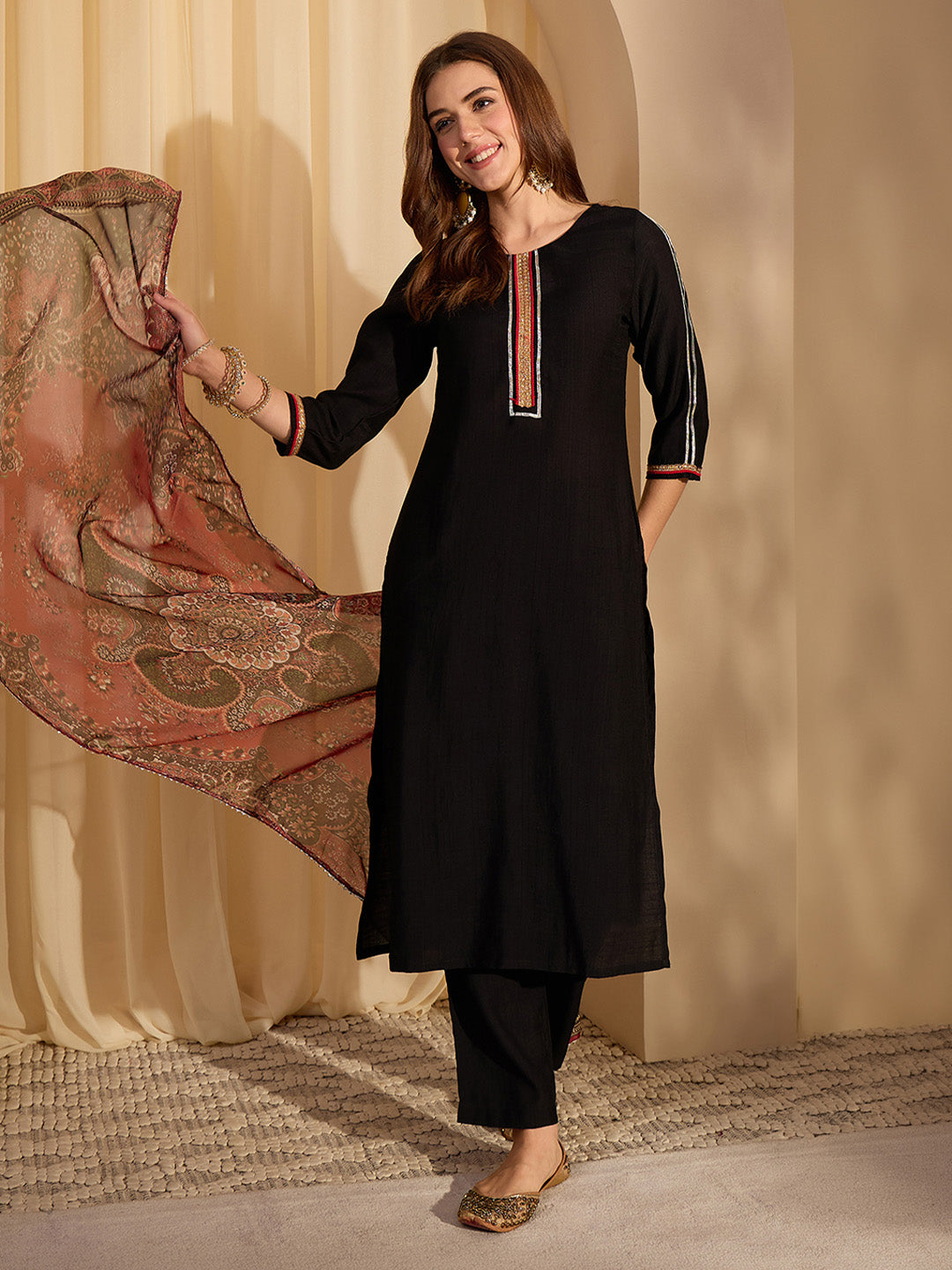 Janasya Women's Black Silk Blend Embellished Straight Kurta Set