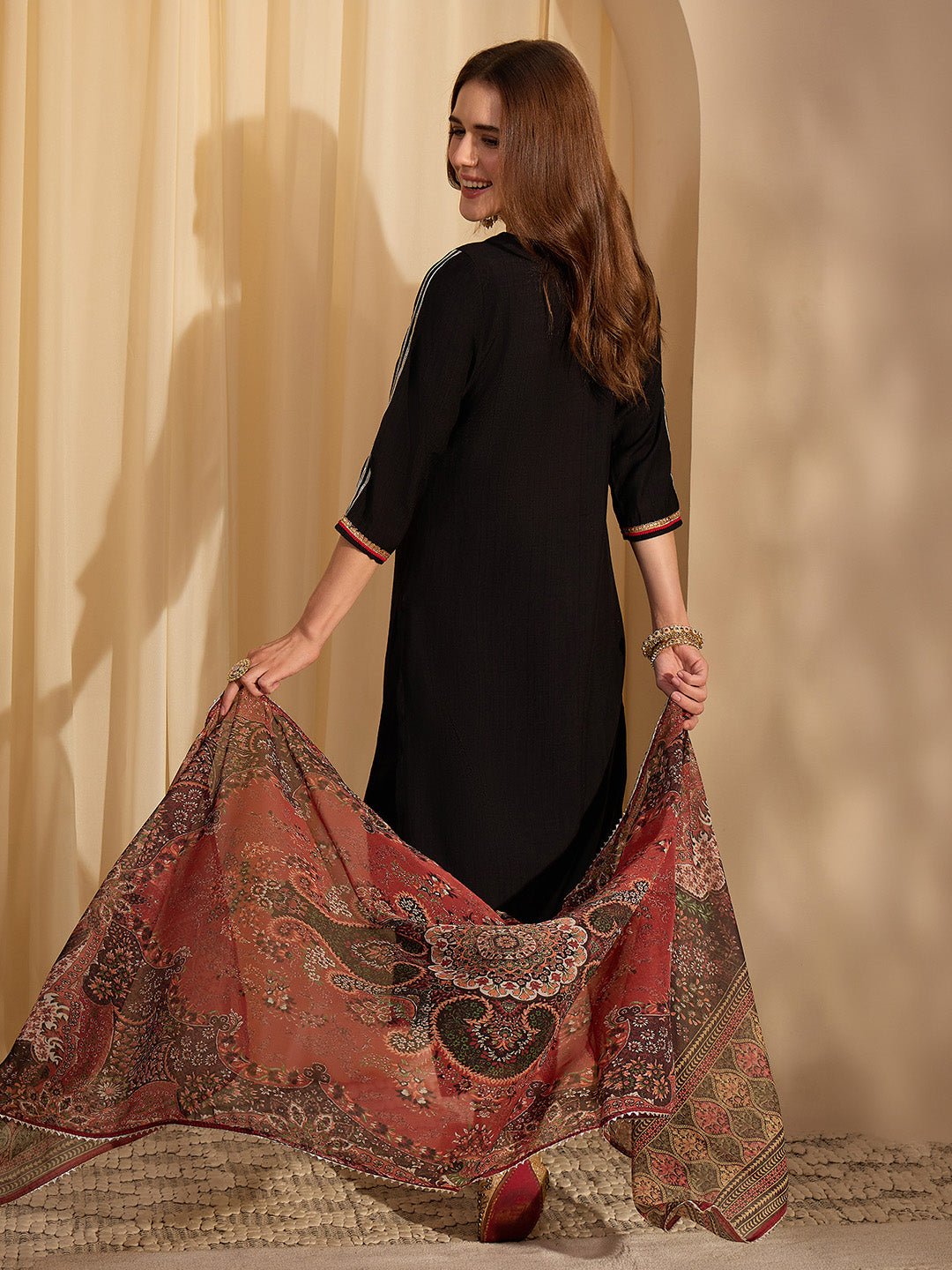 Janasya Women's Black Silk Blend Embellished Straight Kurta Set