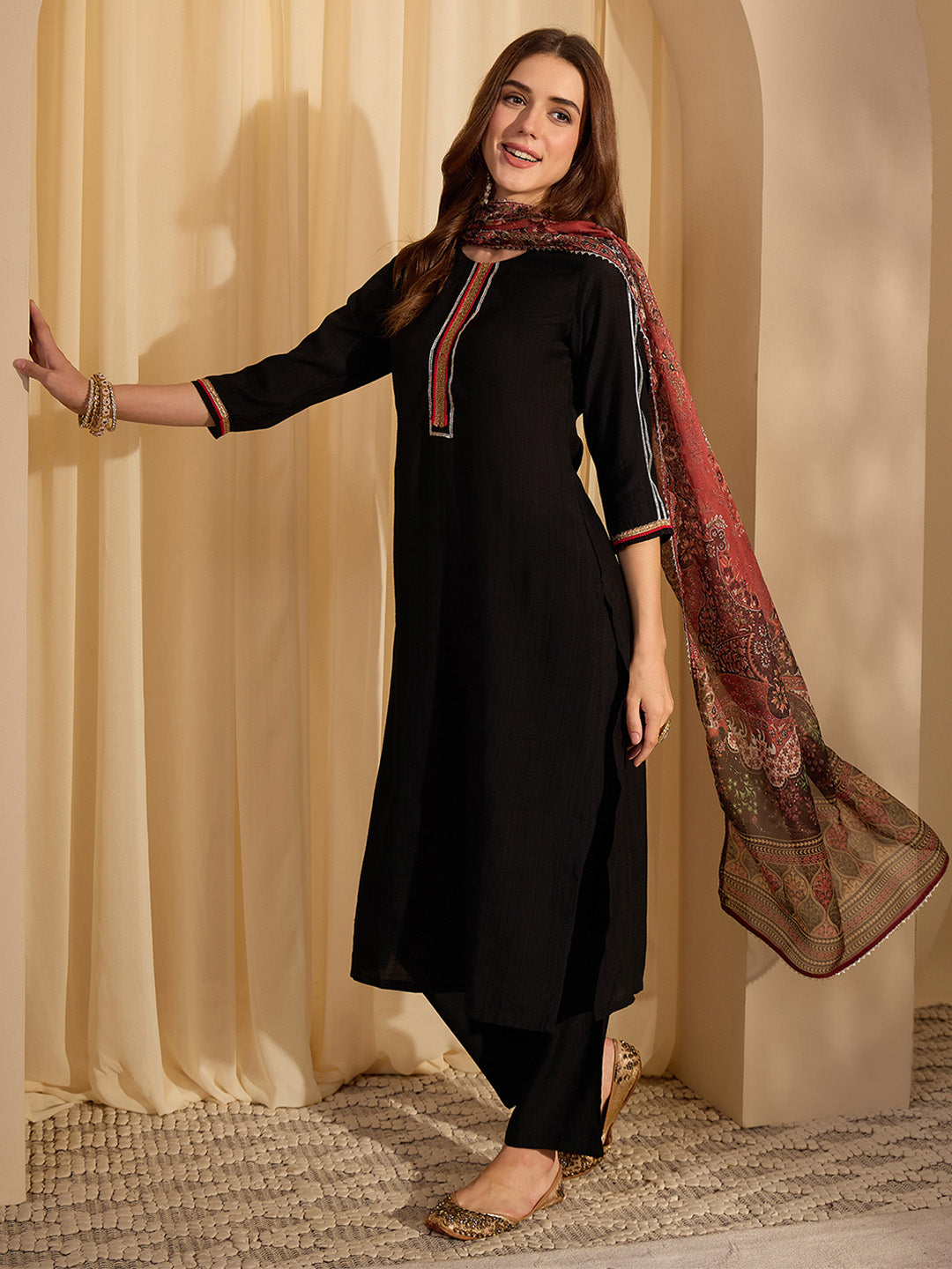 Janasya Women's Black Silk Blend Embellished Straight Kurta Set
