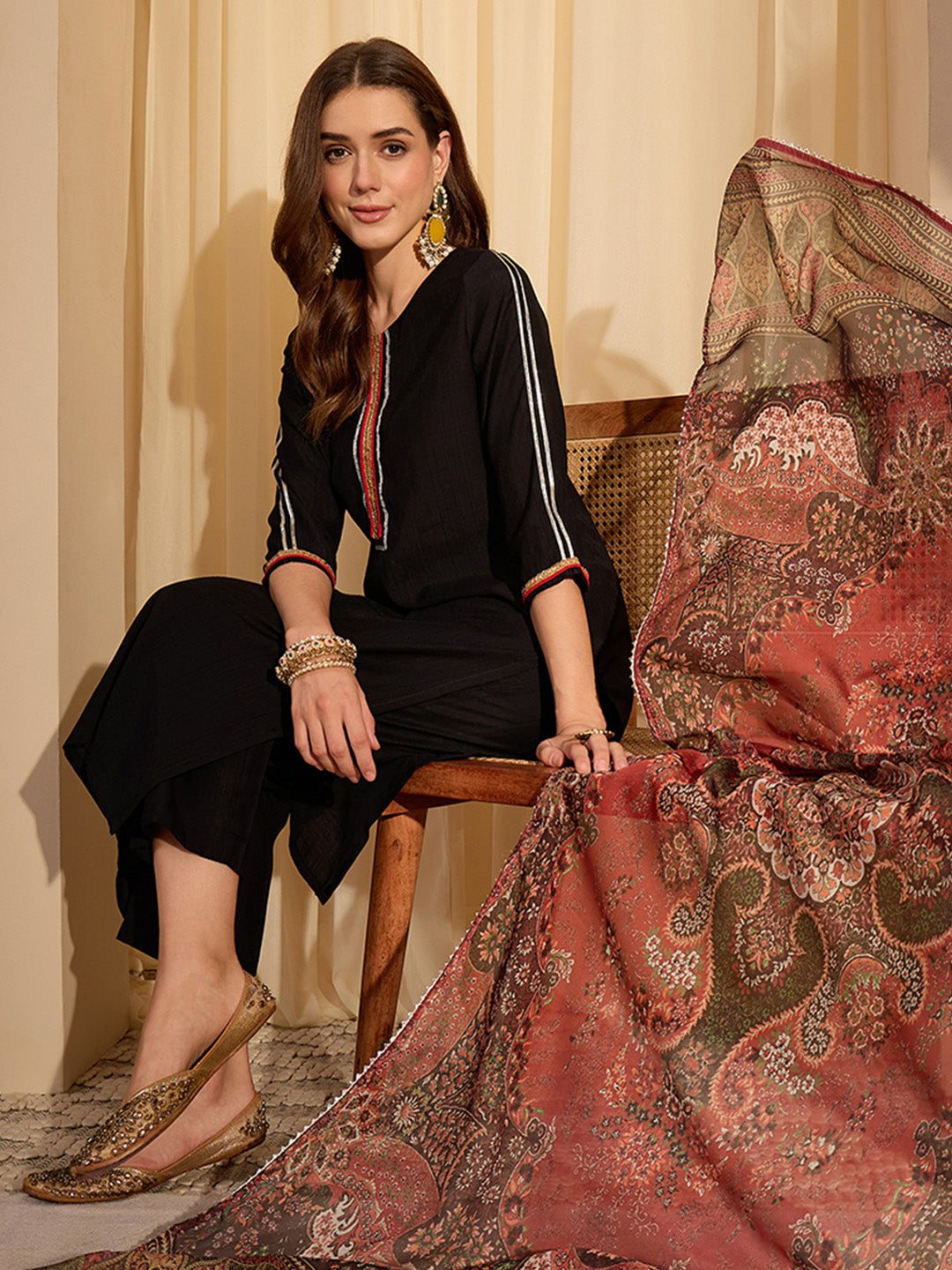 Janasya Women's Black Silk Blend Embellished Straight Kurta Set