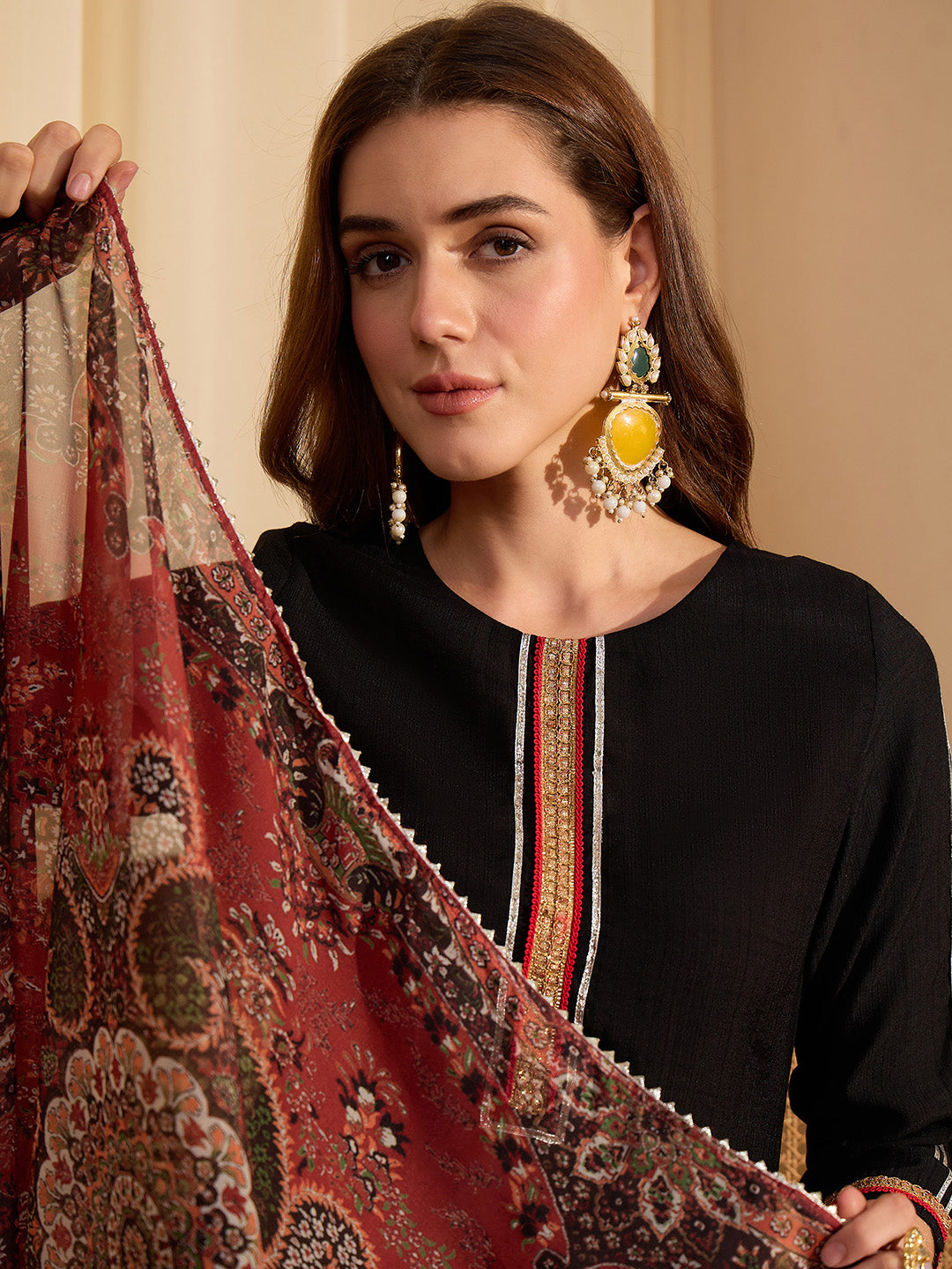 Janasya Women's Black Silk Blend Embellished Straight Kurta Set