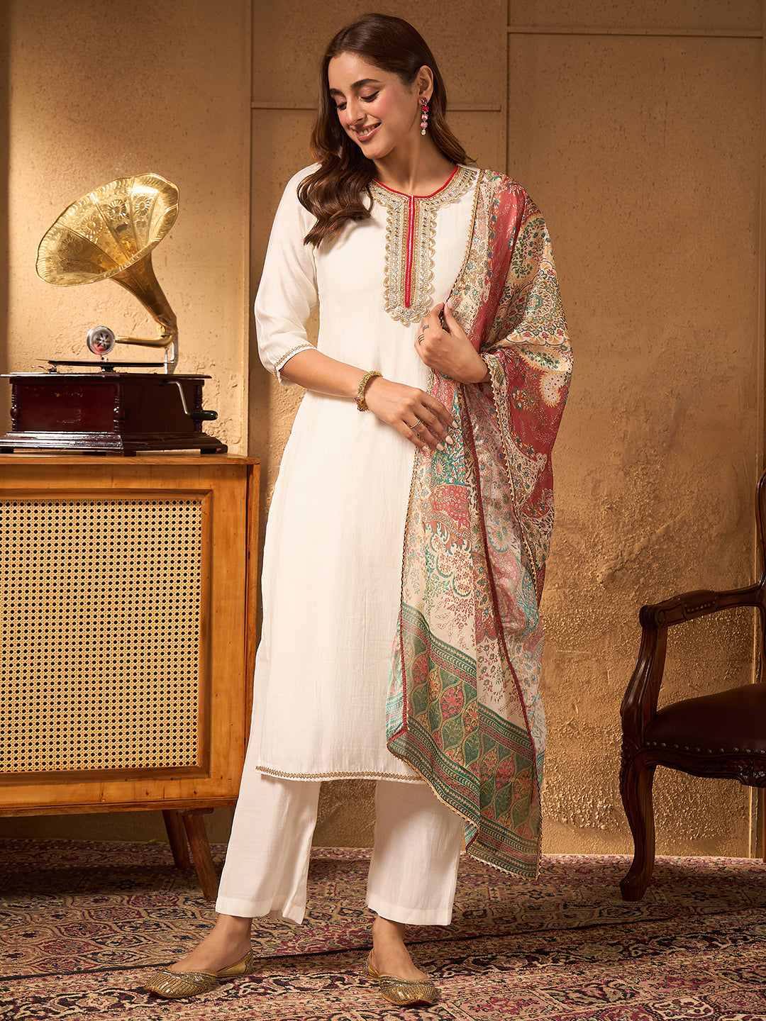 Janasya Women's Off White Silk Blend Embellished Straight Kurta Set with Printed Dupatta