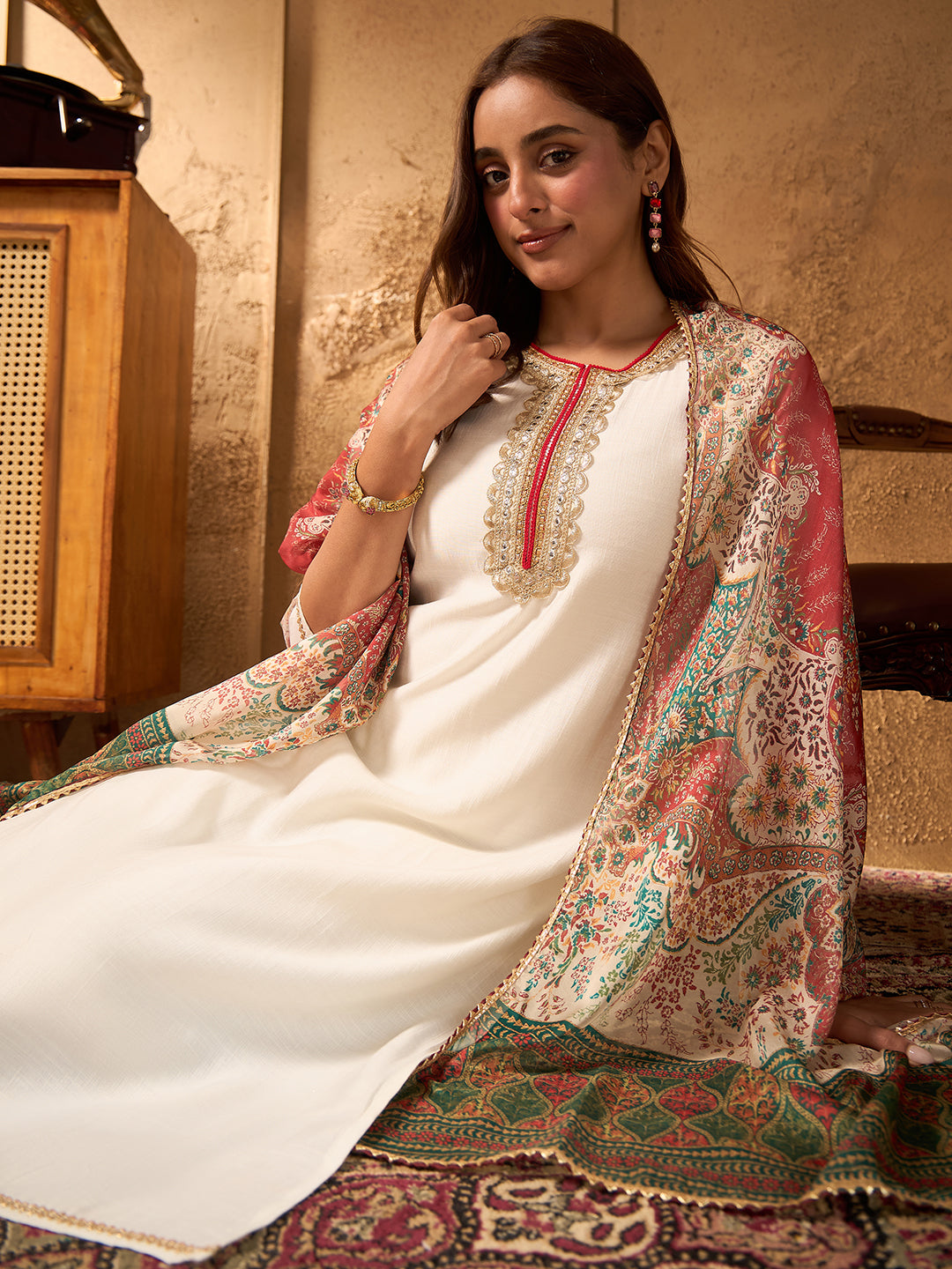 Janasya Women's Off White Silk Blend Embellished Straight Kurta Set with Printed Dupatta