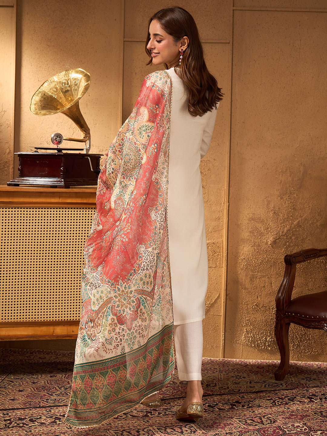 Janasya Women's Off White Silk Blend Embellished Straight Kurta Set with Printed Dupatta
