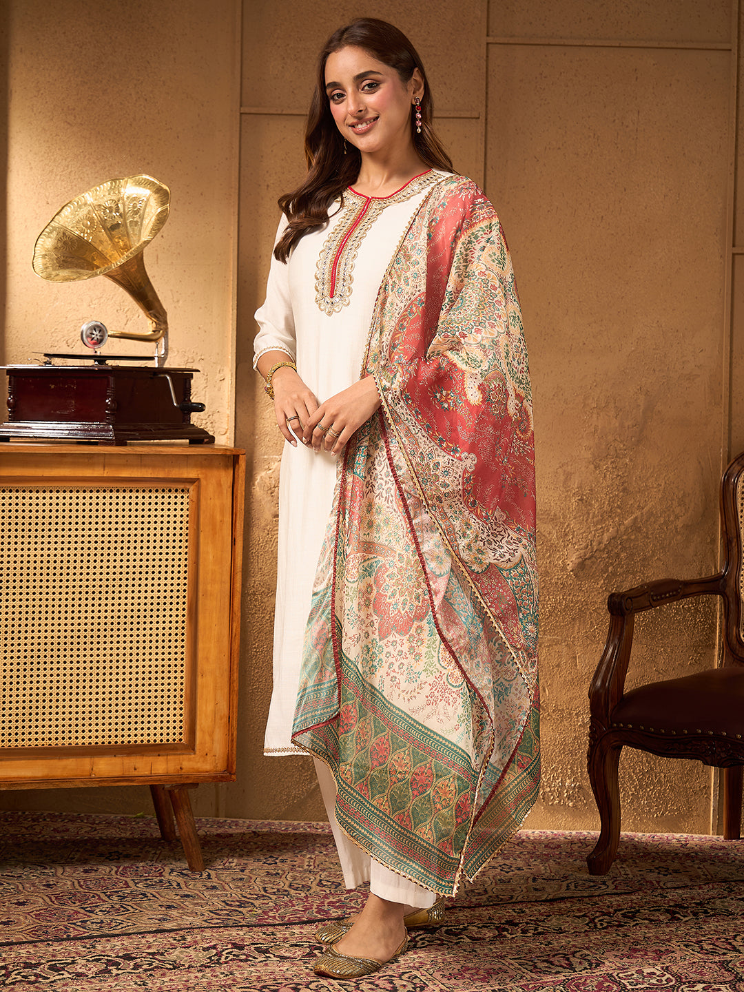 Janasya Women's Off White Silk Blend Embellished Straight Kurta Set with Printed Dupatta