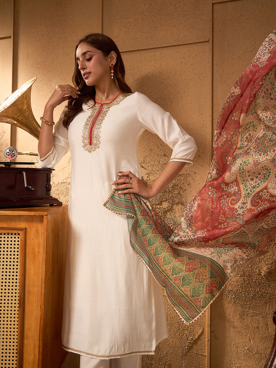 Janasya Women's Off White Silk Blend Embellished Straight Kurta Set with Printed Dupatta