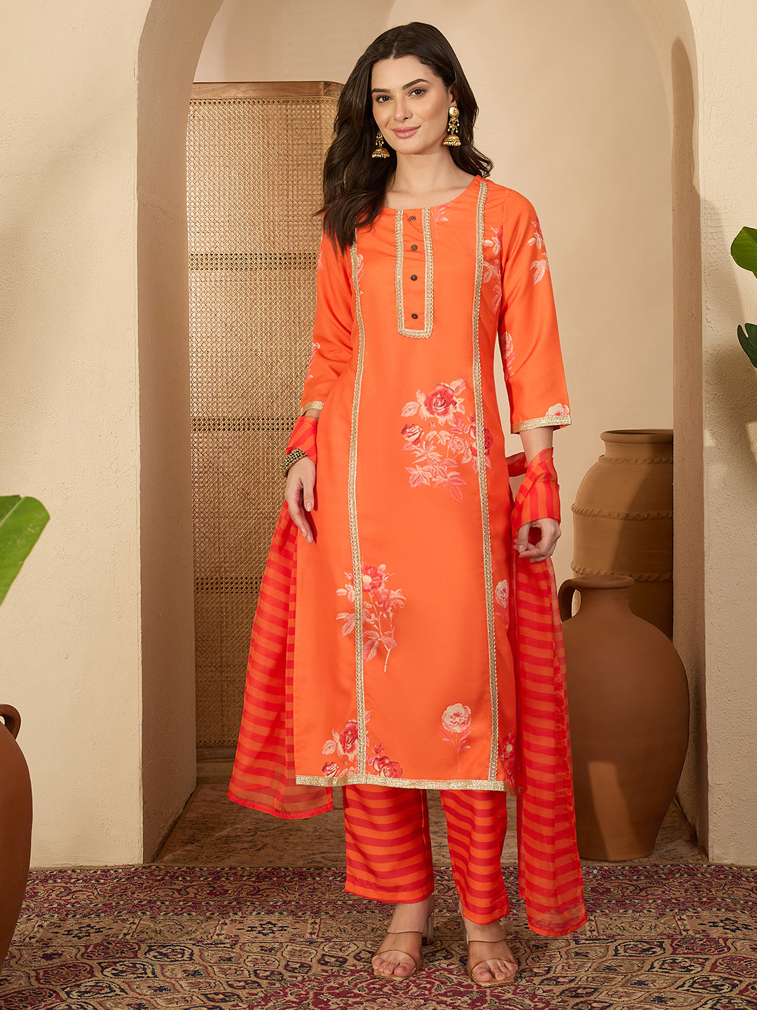 Janasya Women's Orange Cotton Blend Embellished Straight Kurta Set