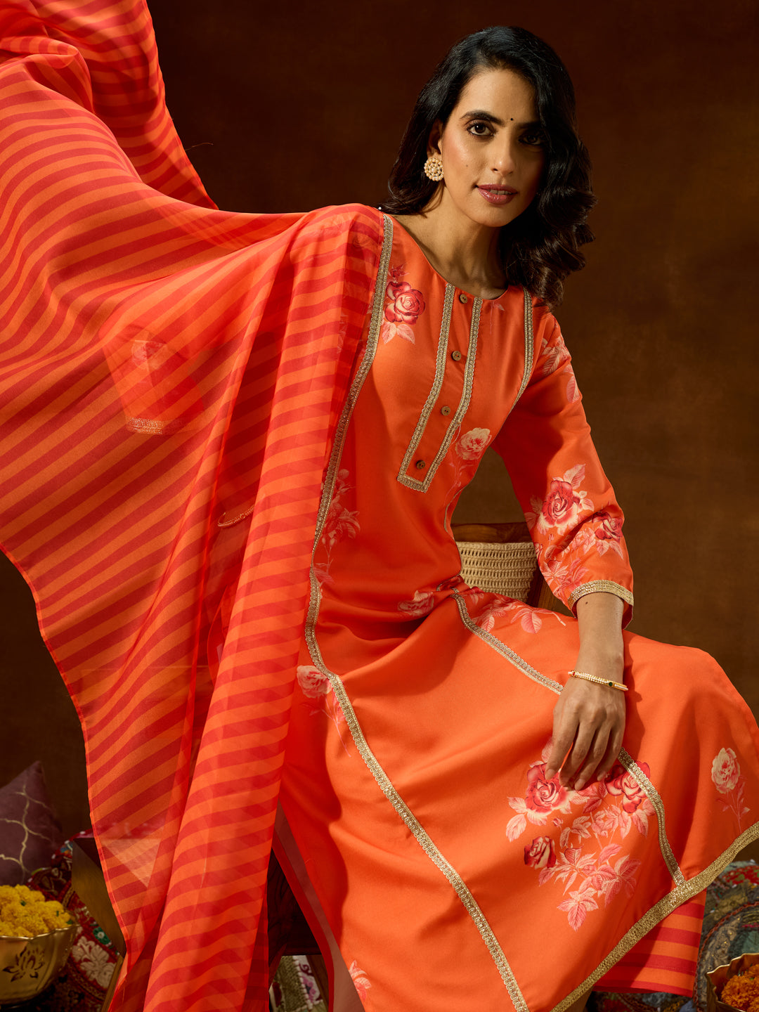 Janasya Women's Orange Cotton Blend Embellished Straight Kurta Set