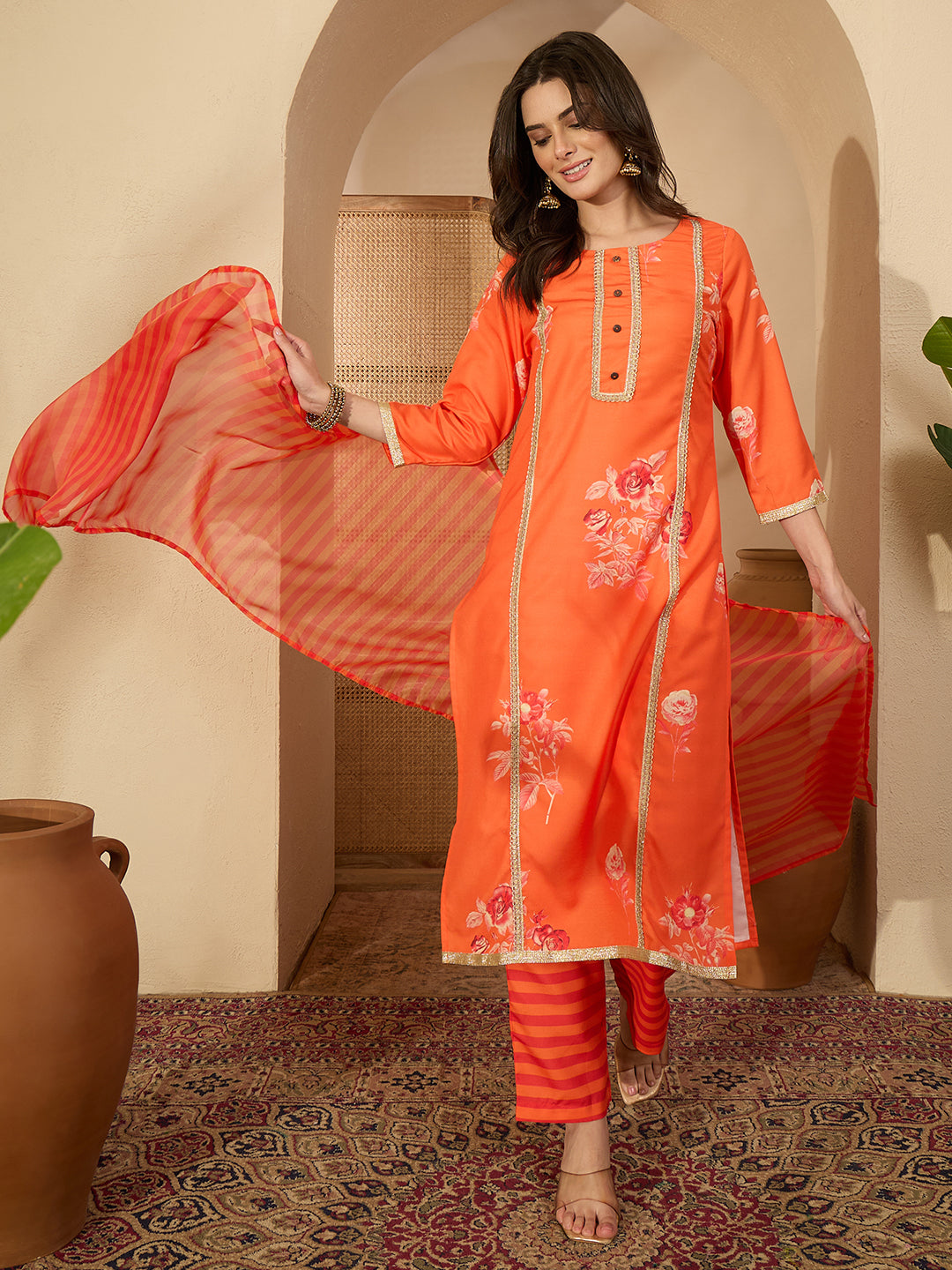 Janasya Women's Orange Cotton Blend Embellished Straight Kurta Set