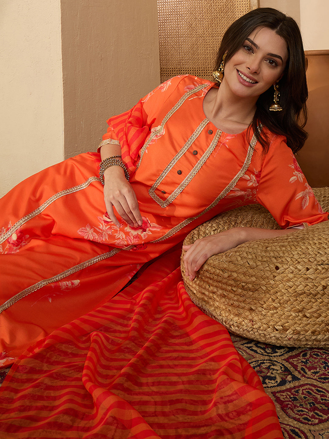 Janasya Women's Orange Cotton Blend Embellished Straight Kurta Set