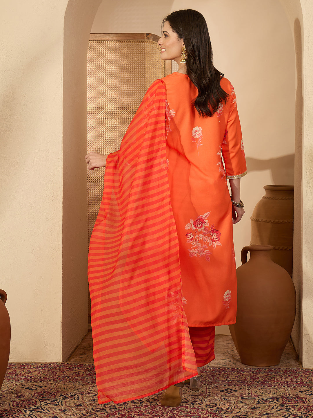 Janasya Women's Orange Cotton Blend Embellished Straight Kurta Set