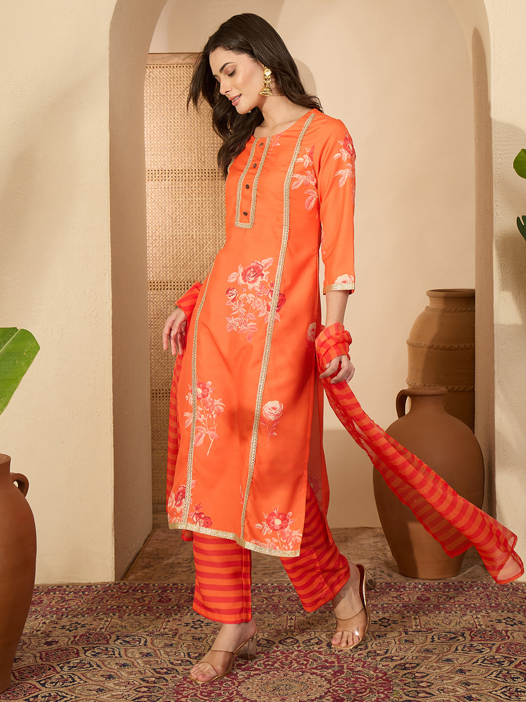 Janasya Women's Orange Cotton Blend Embellished Straight Kurta Set