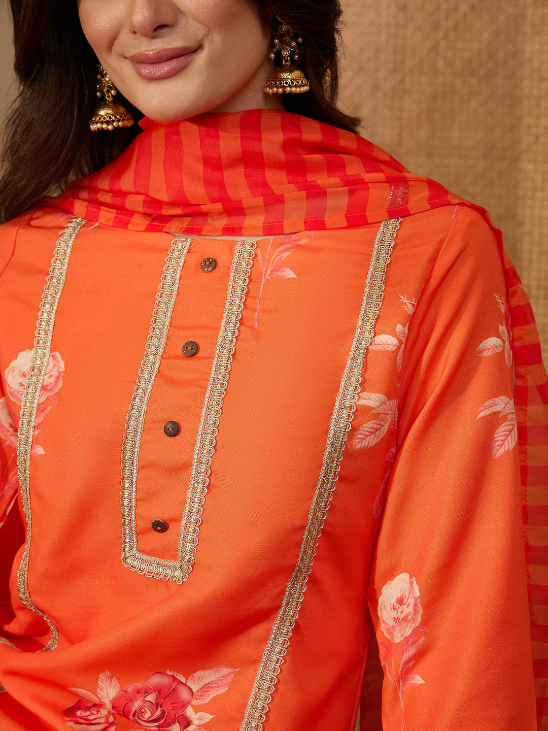 Janasya Women's Orange Cotton Blend Embellished Straight Kurta Set