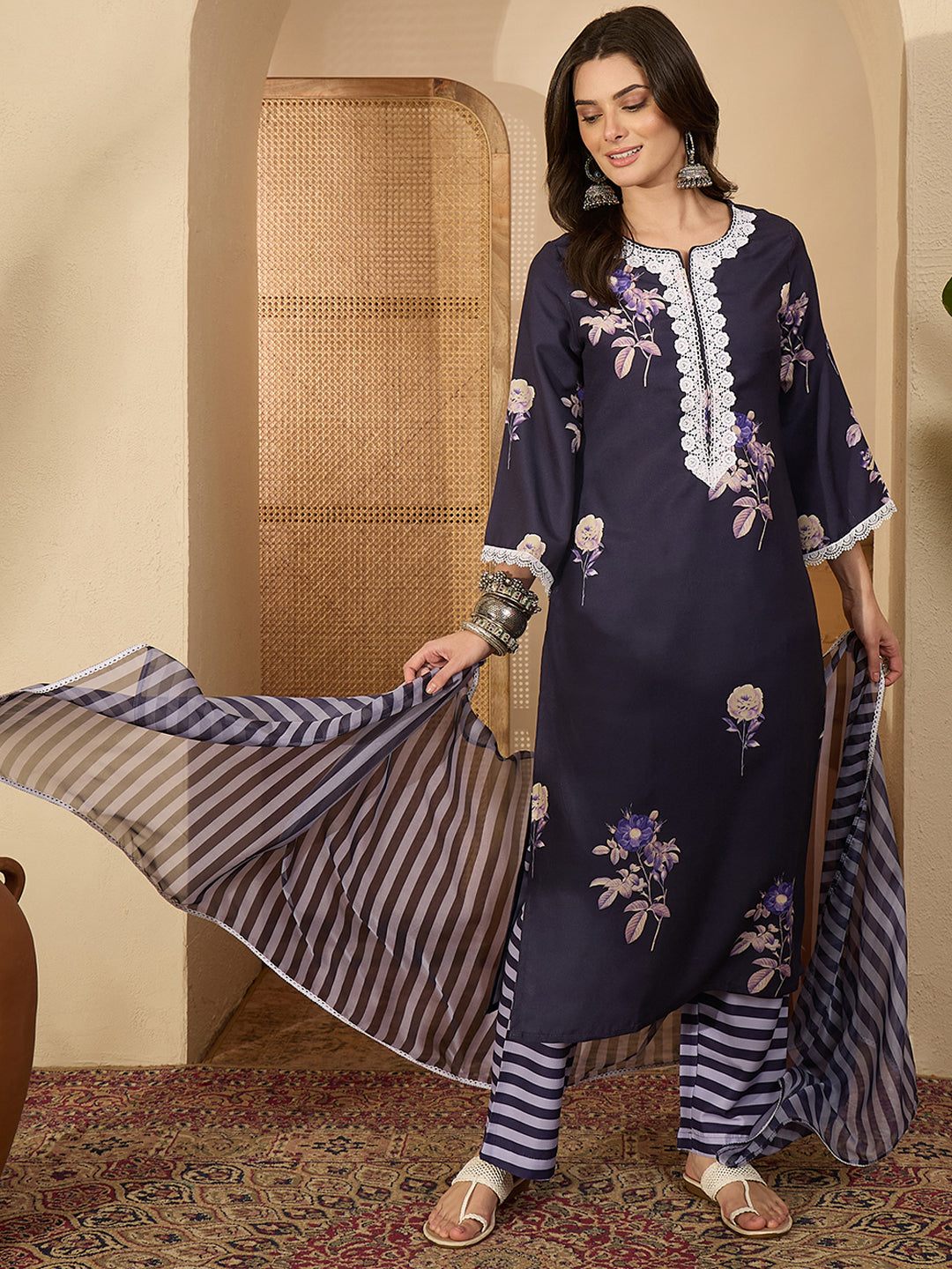 Janasya Women's Purple Cotton Blend Floral Printed Straight Kurta Set