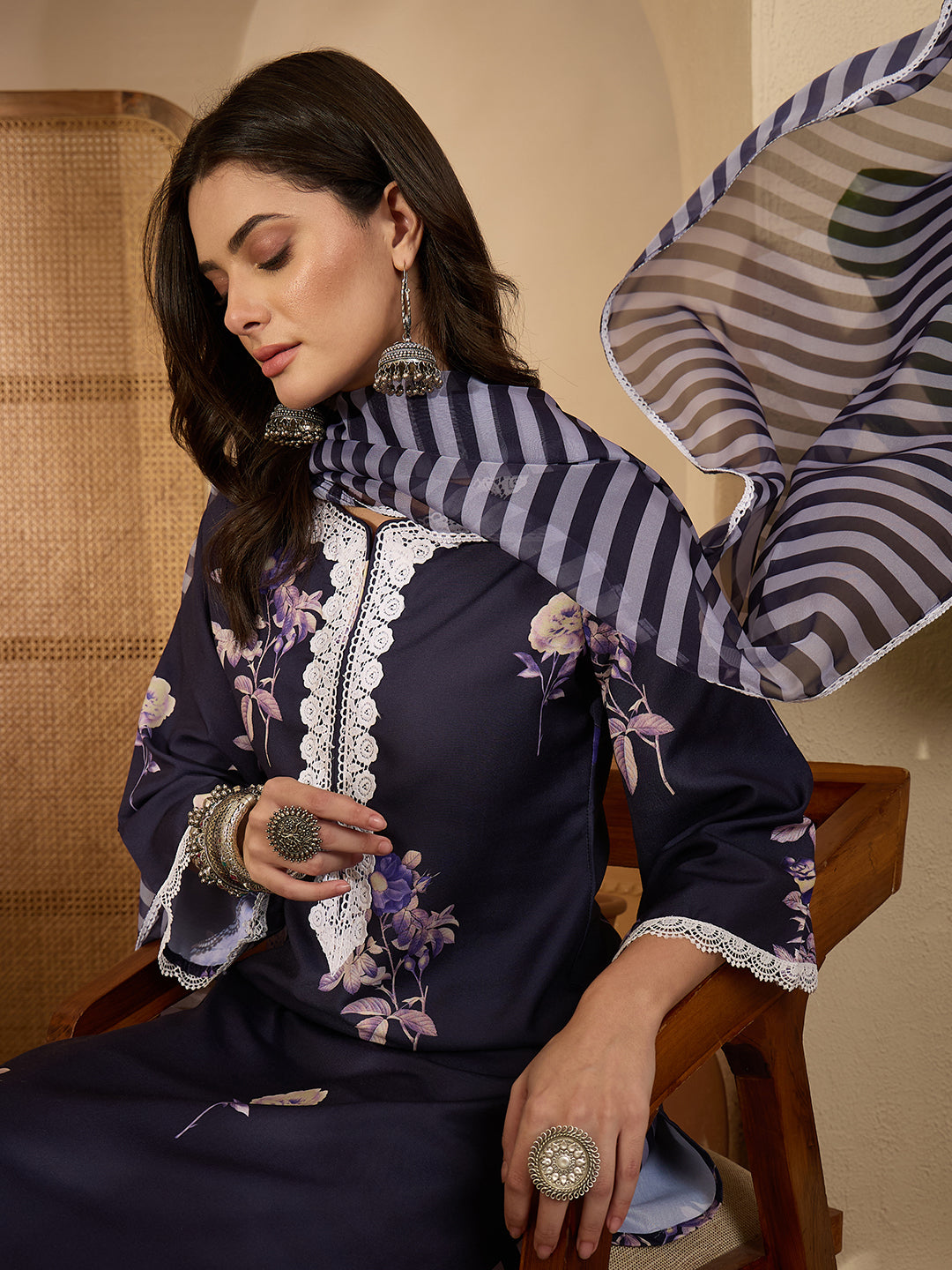 Janasya Women's Purple Cotton Blend Floral Printed Straight Kurta Set