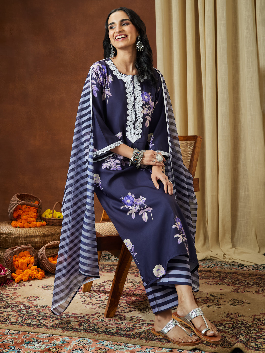 Janasya Women's Purple Cotton Blend Floral Printed Straight Kurta Set