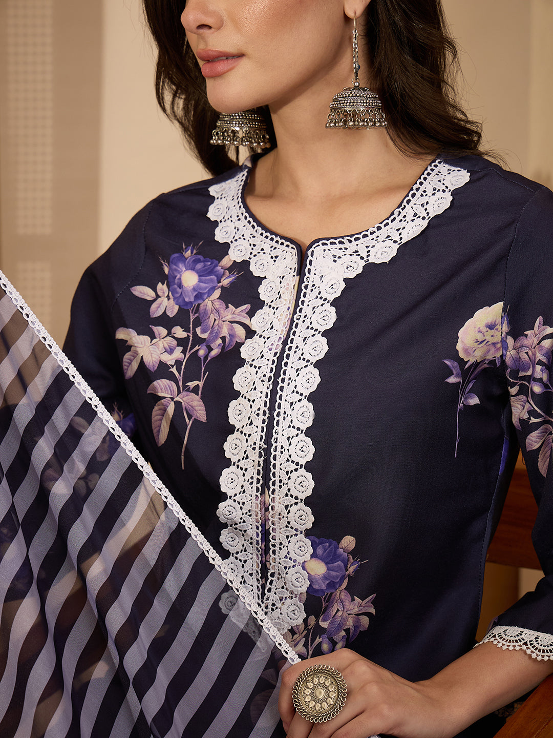 Janasya Women's Purple Cotton Blend Floral Printed Straight Kurta Set