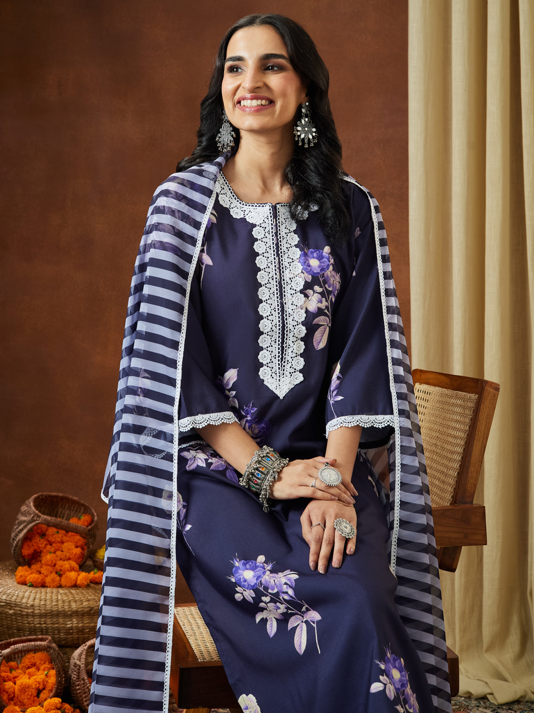 Janasya Women's Purple Cotton Blend Floral Printed Straight Kurta Set