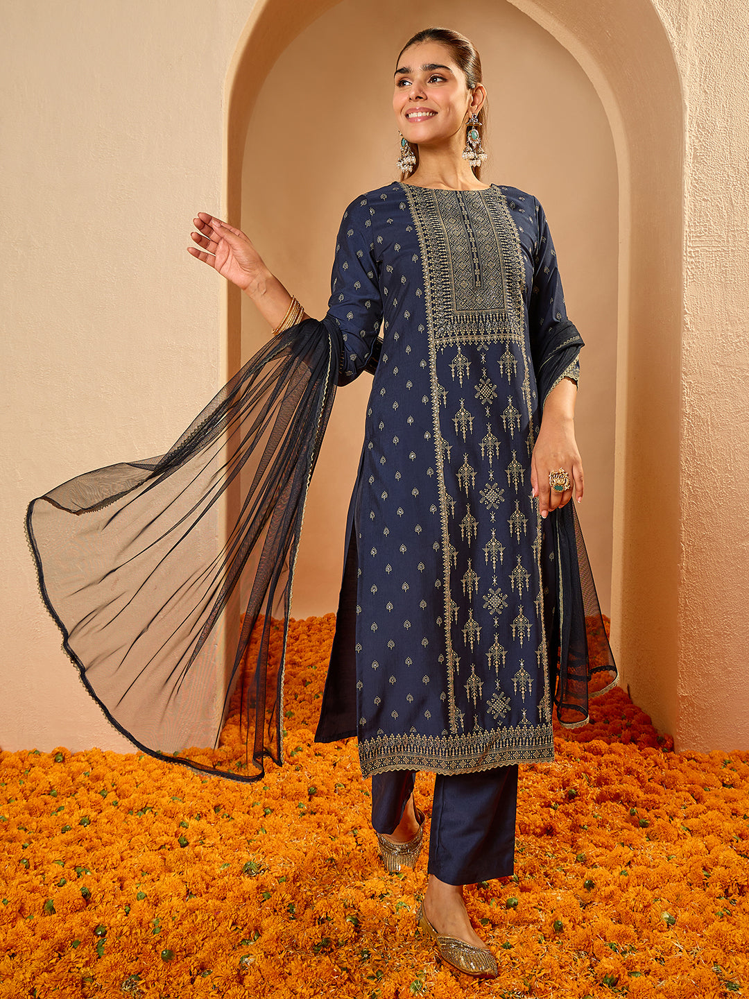 Janasya Women's Navy Blue Silk Blend Ethnic motif Rubber Printed Straight Kurta Set