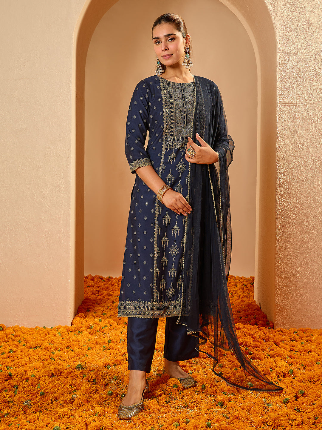 Janasya Women's Navy Blue Silk Blend Ethnic motif Rubber Printed Straight Kurta Set