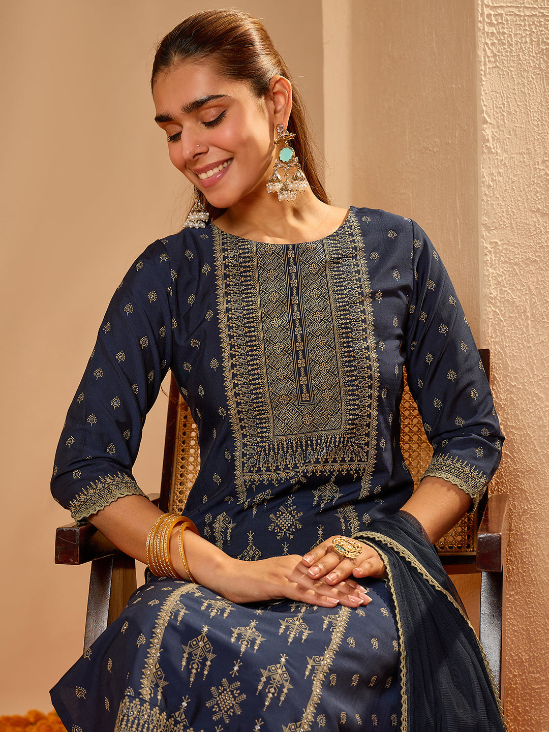 Janasya Women's Navy Blue Silk Blend Ethnic motif Rubber Printed Straight Kurta Set