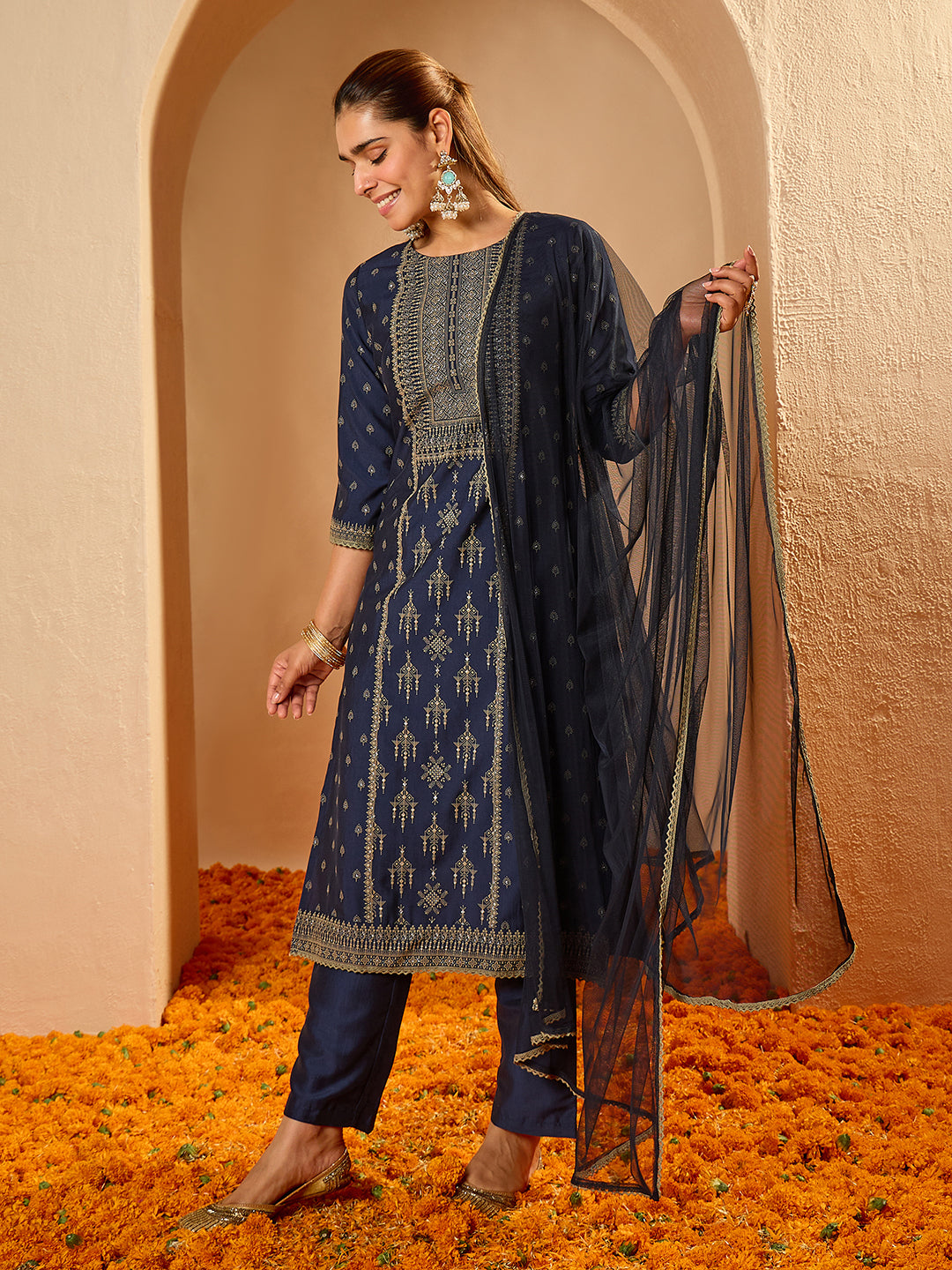 Janasya Women's Navy Blue Silk Blend Ethnic motif Rubber Printed Straight Kurta Set