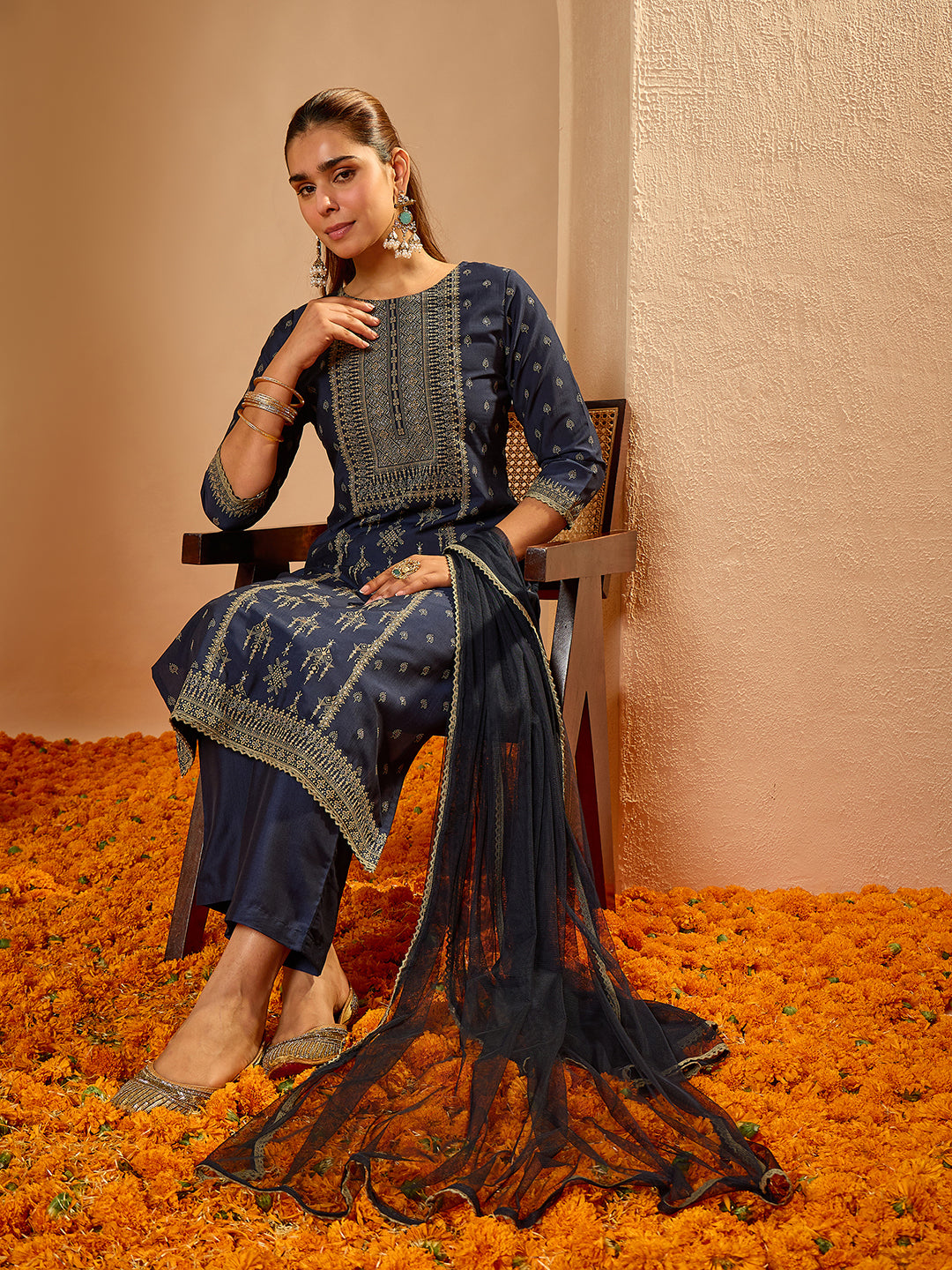 Janasya Women's Navy Blue Silk Blend Ethnic motif Rubber Printed Straight Kurta Set