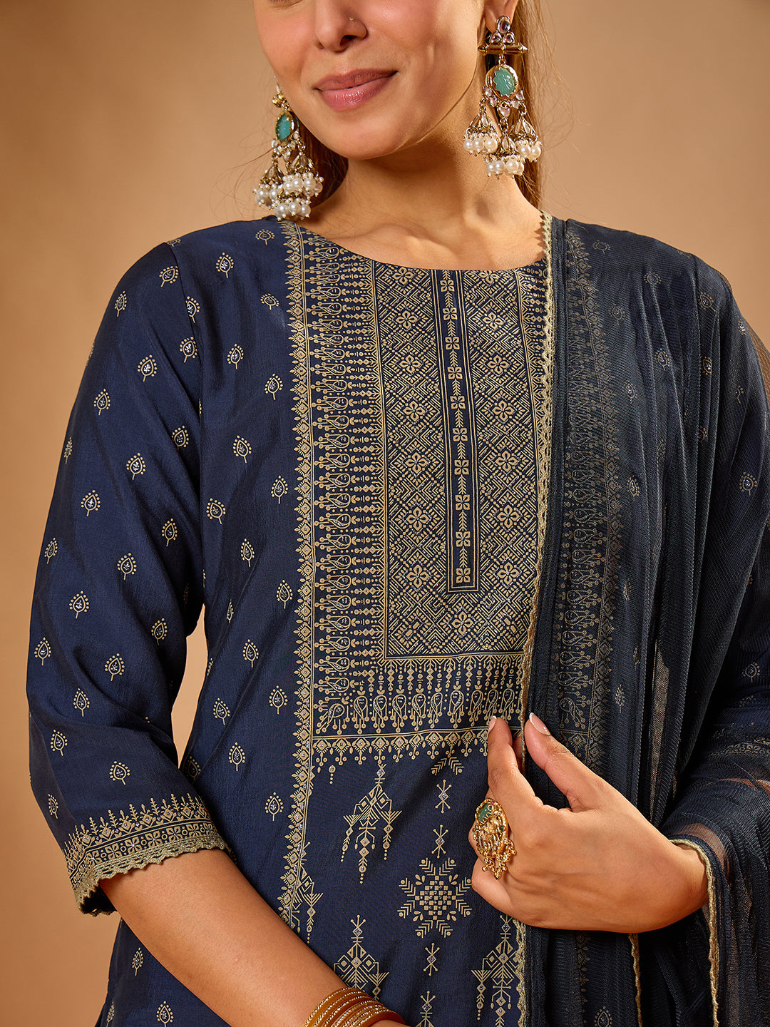 Janasya Women's Navy Blue Silk Blend Ethnic motif Rubber Printed Straight Kurta Set