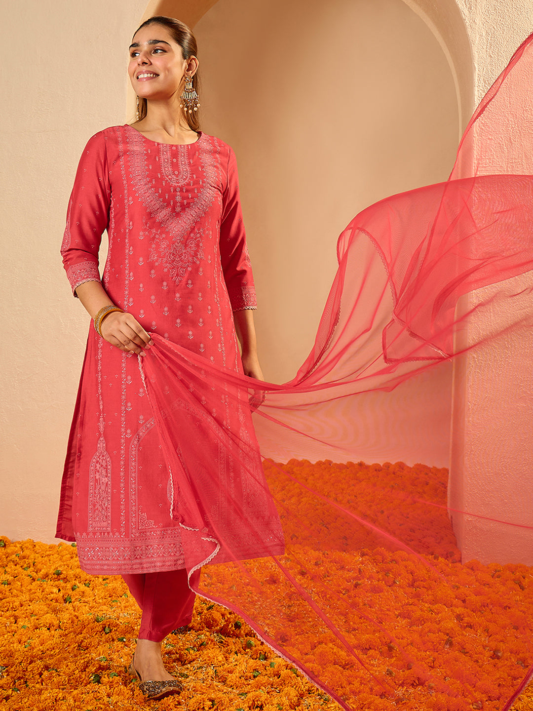 Janasya Women's Red Silk Blend Ethnic Motif Foil Printed Straight Kurta Set