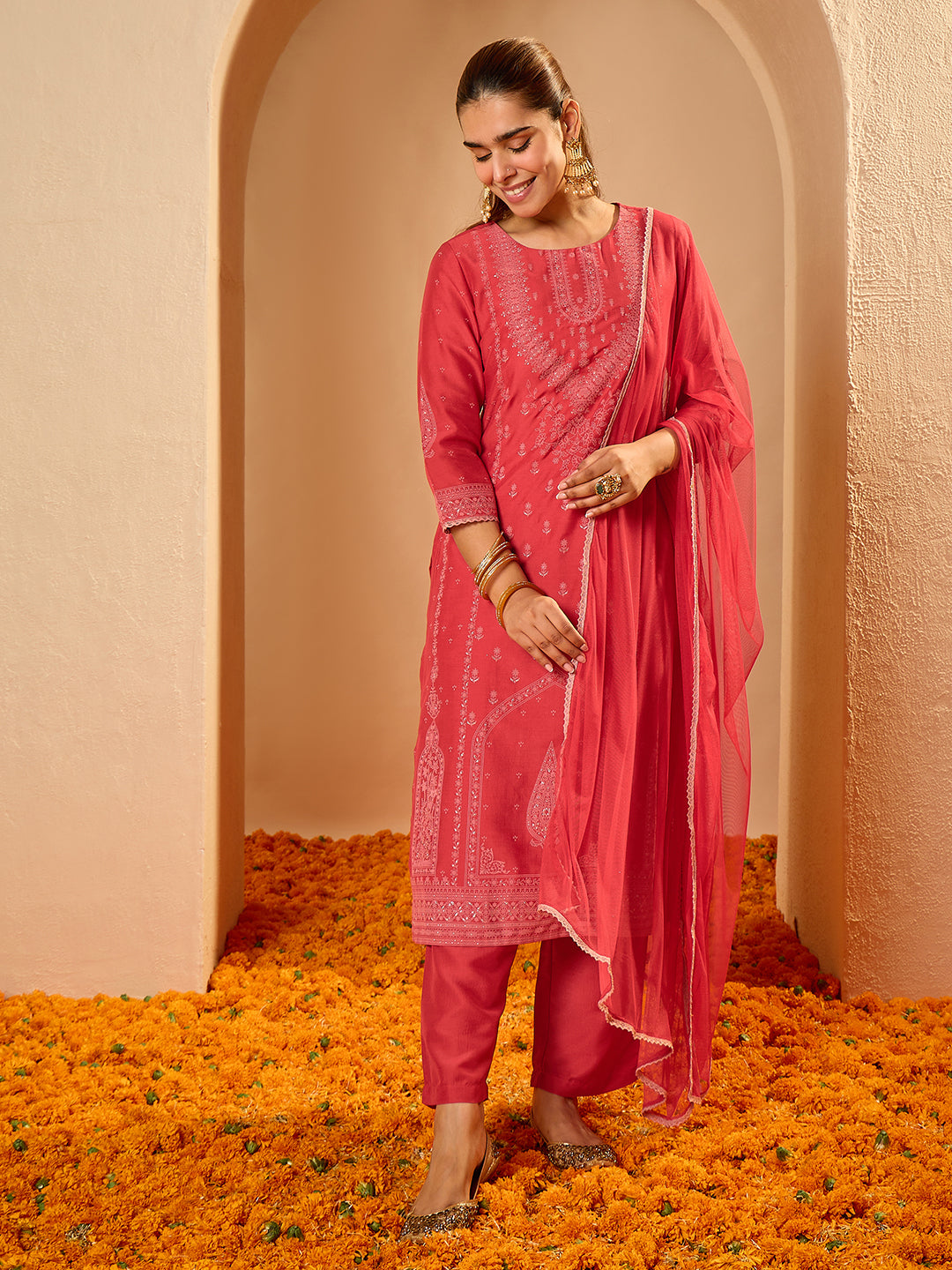 Janasya Women's Red Silk Blend Ethnic Motif Foil Printed Straight Kurta Set