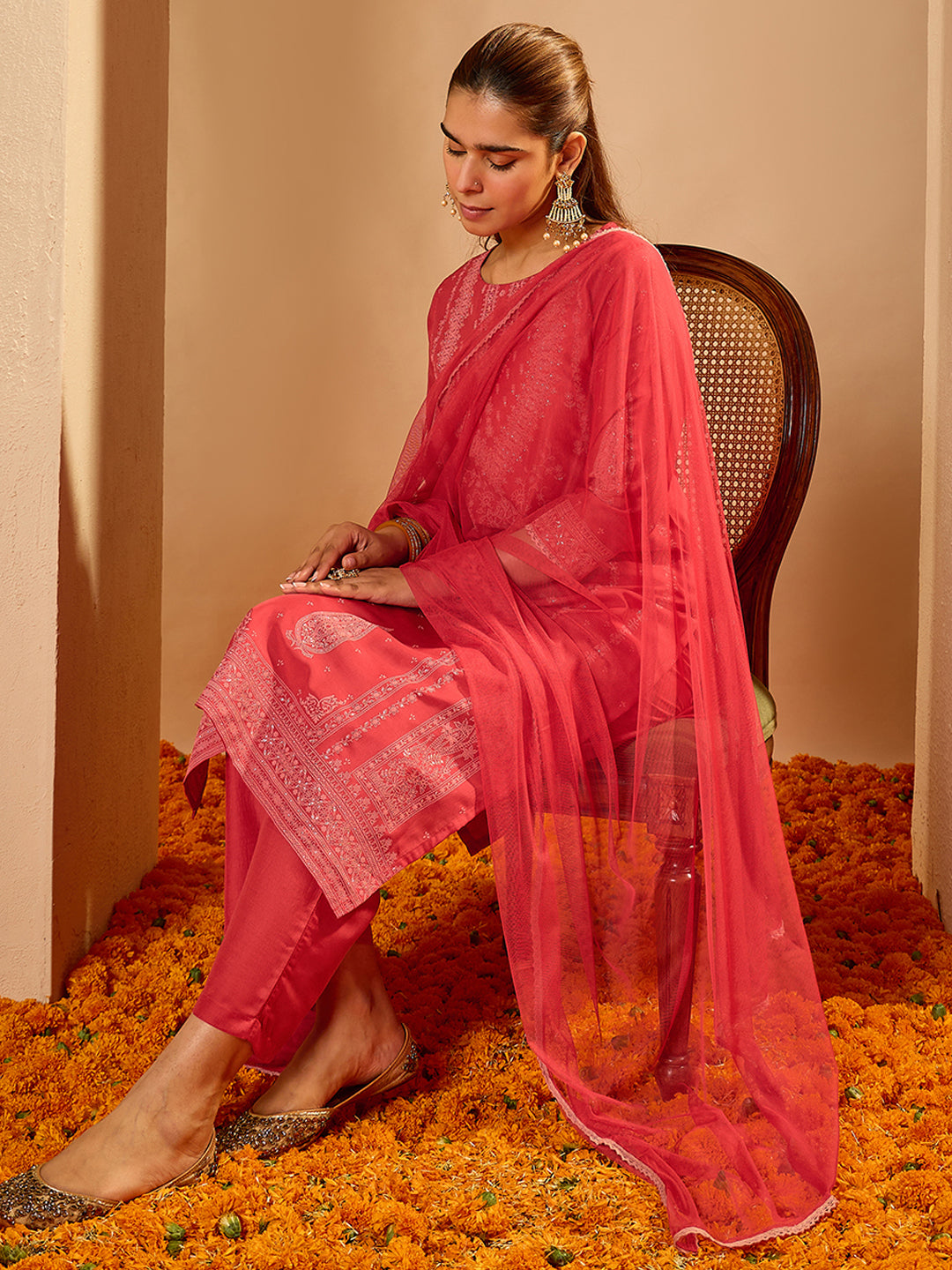 Janasya Women's Red Silk Blend Ethnic Motif Foil Printed Straight Kurta Set
