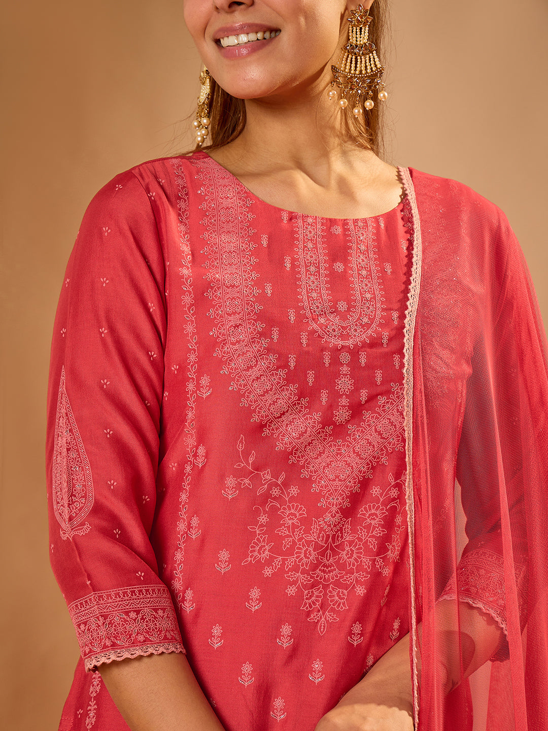Janasya Women's Red Silk Blend Ethnic Motif Foil Printed Straight Kurta Set