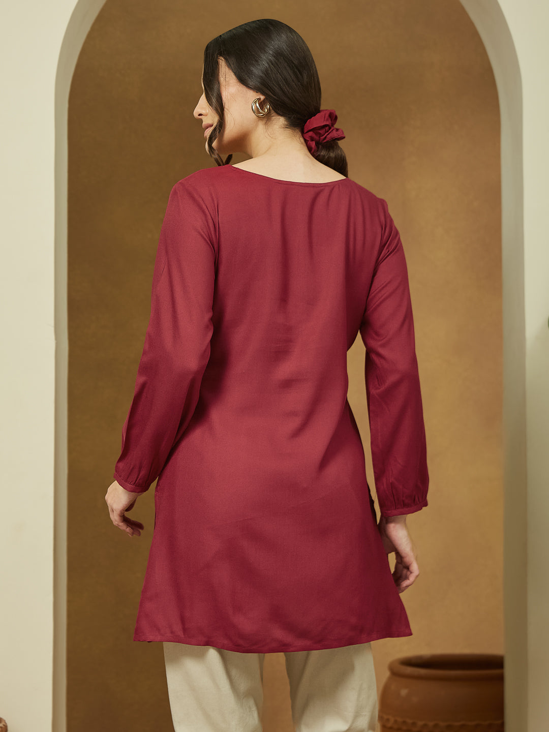 Janasya Women's Maroon Rayon Embroidered Straight Short Kurti