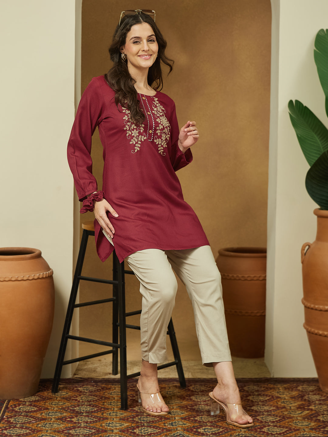 Janasya Women's Maroon Rayon Embroidered Straight Short Kurti