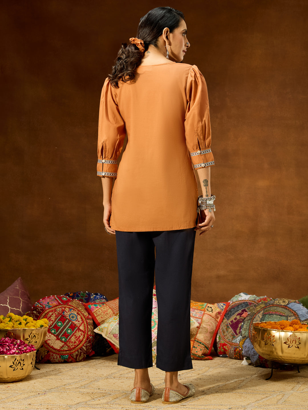 Janasya Women's Brown Pure Cotton Embroidered Straight Short Kurti