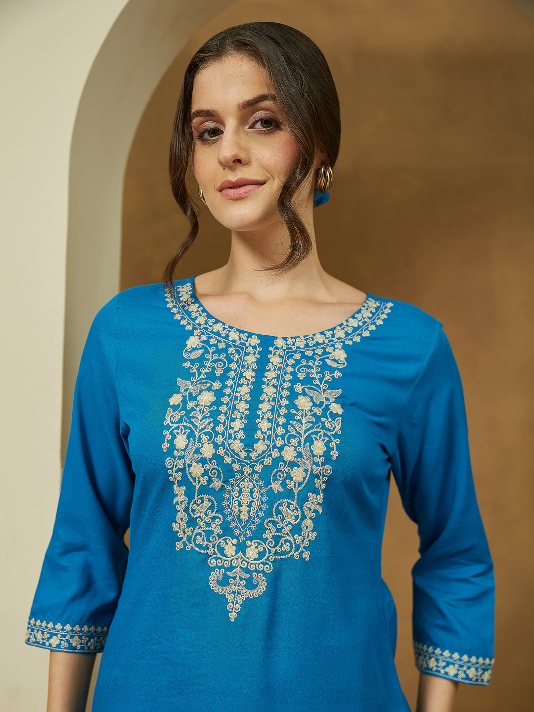 Janasya Women's Blue Rayon Embroidered Straight Short Kurti