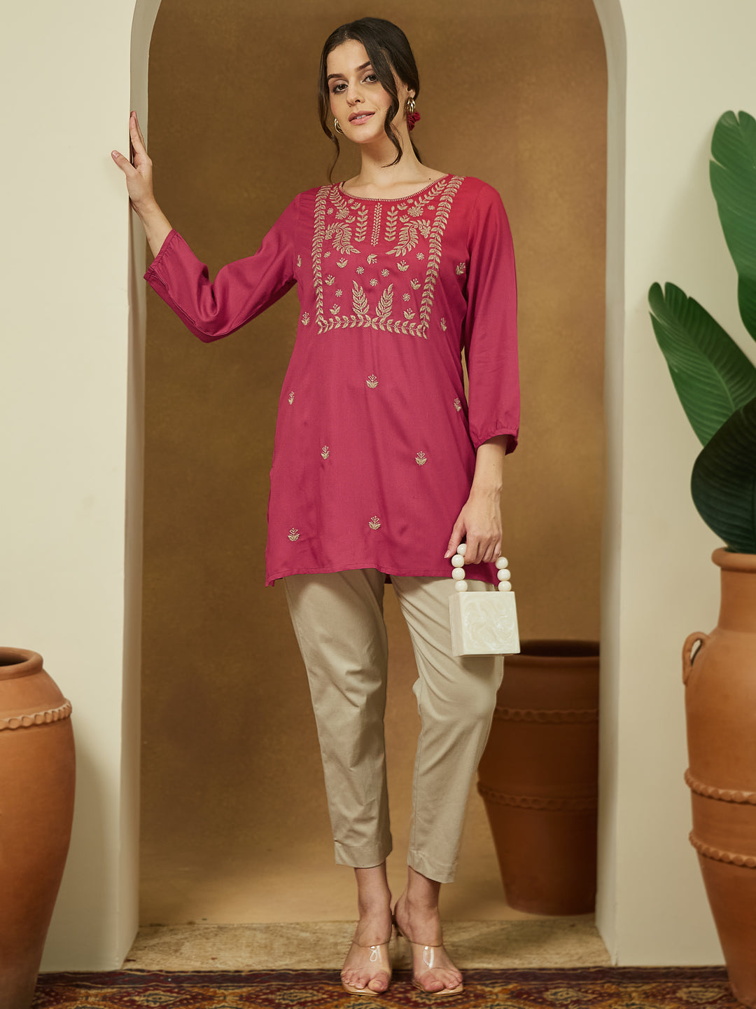 Janasya Women's Magenta Pink Rayon Embroidered Straight Short Kurti