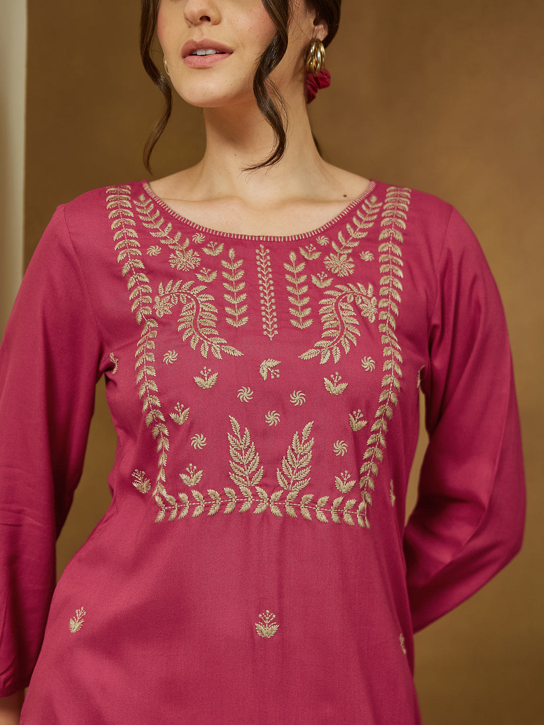 Janasya Women's Magenta Pink Rayon Embroidered Straight Short Kurti