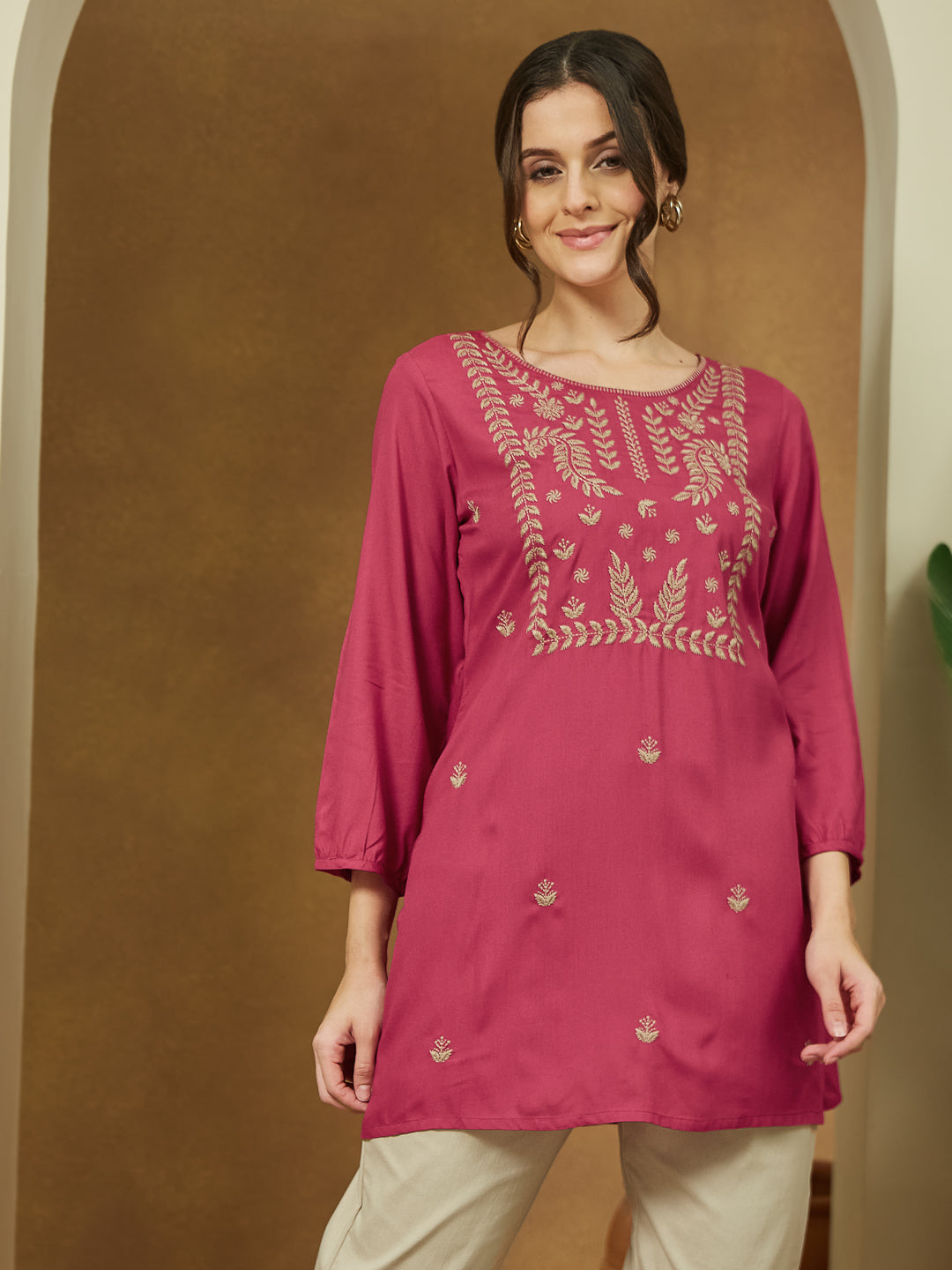 Janasya Women's Magenta Pink Rayon Embroidered Straight Short Kurti