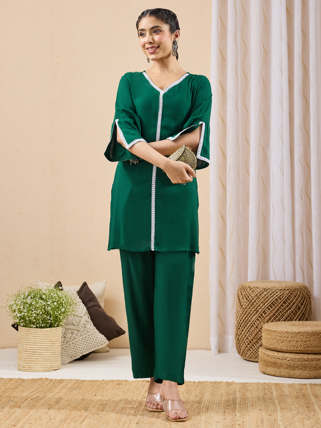 Janasya Women's Green Rayon Solid Straight Co-ord Set
