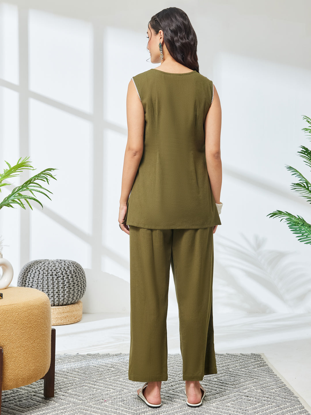 Janasya Women's Olive Linen Cotton Embroidered Straight Co-Ord Set
