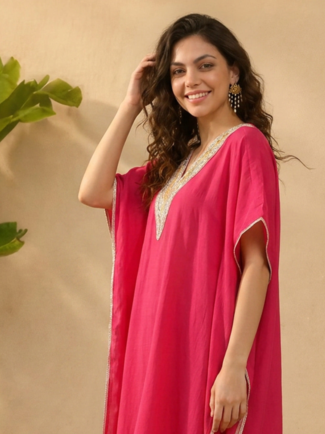 Janasya Women's Pink Silk Blend Embroidered Kaftan Co-Ord Set