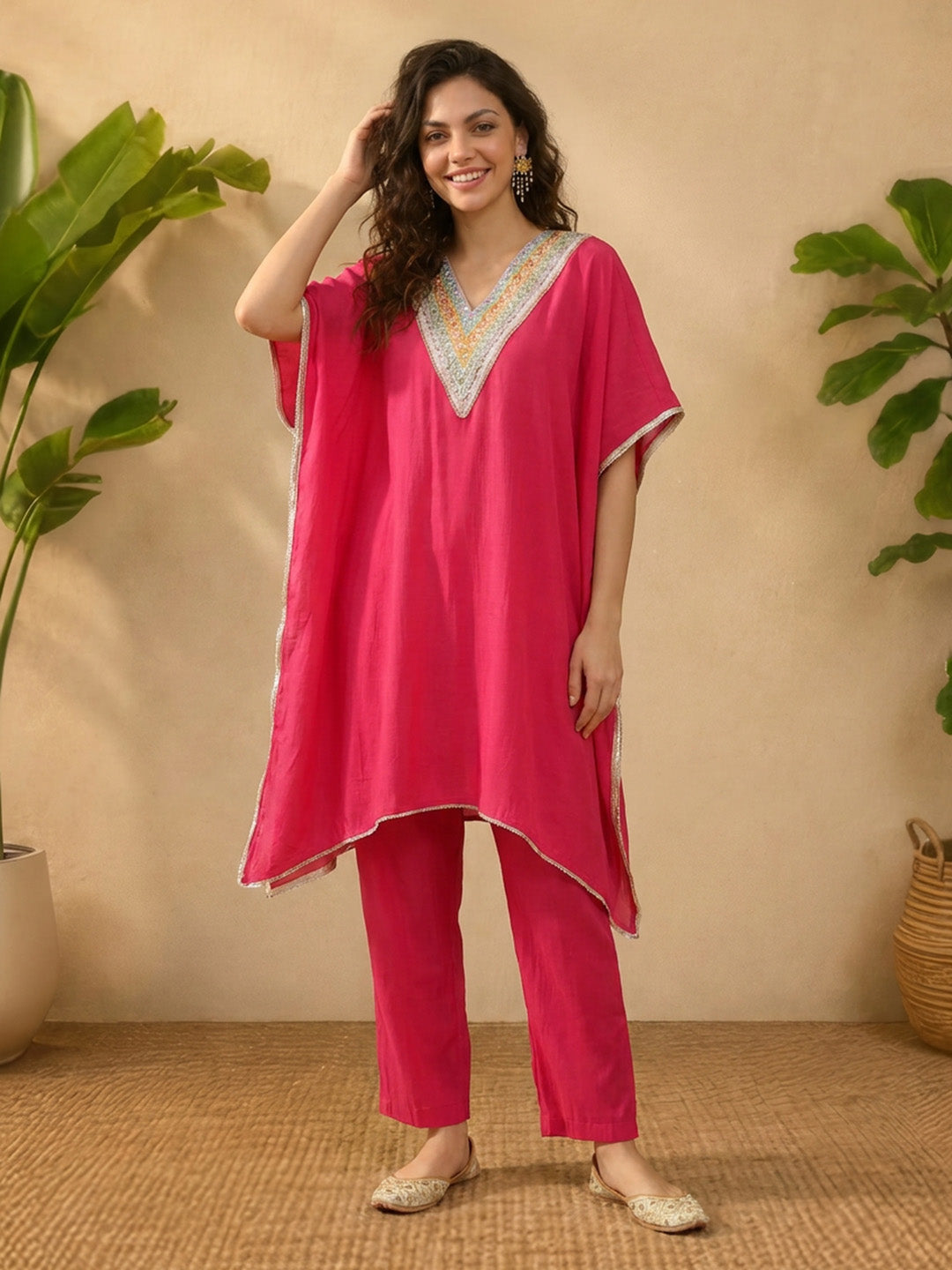 Janasya Women's Pink Silk Blend Embroidered Kaftan Co-Ord Set