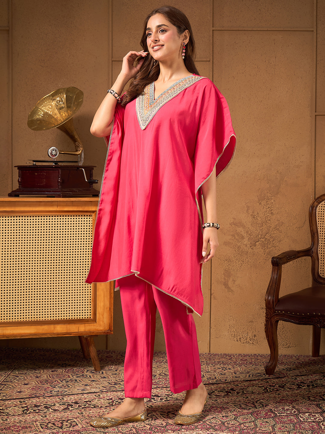 Janasya Women's Pink Silk Blend Embroidered Kaftan Co-Ord Set