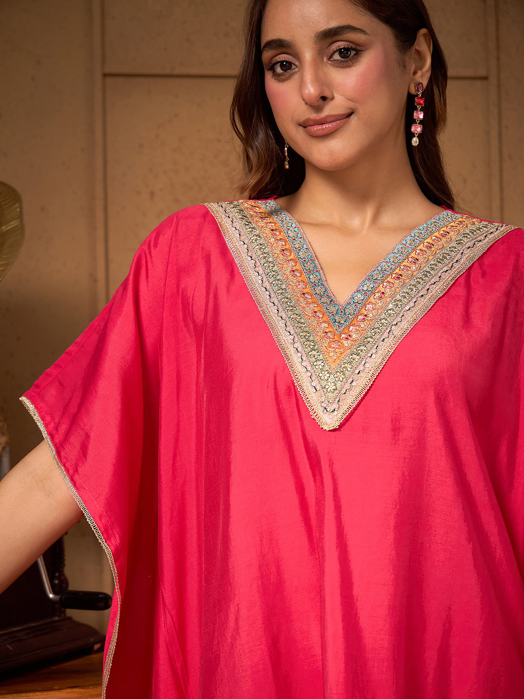 Janasya Women's Pink Silk Blend Embroidered Kaftan Co-Ord Set