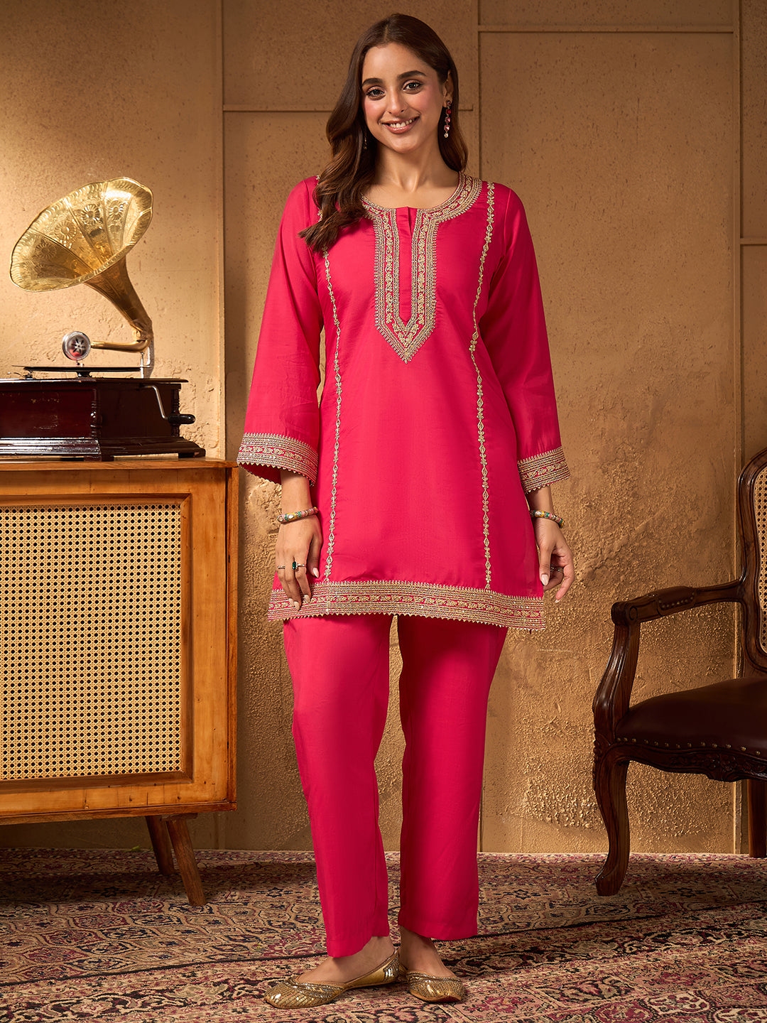 Janasya Women's Pink Silk Blend Embroidered A-Line Co-Ord Set