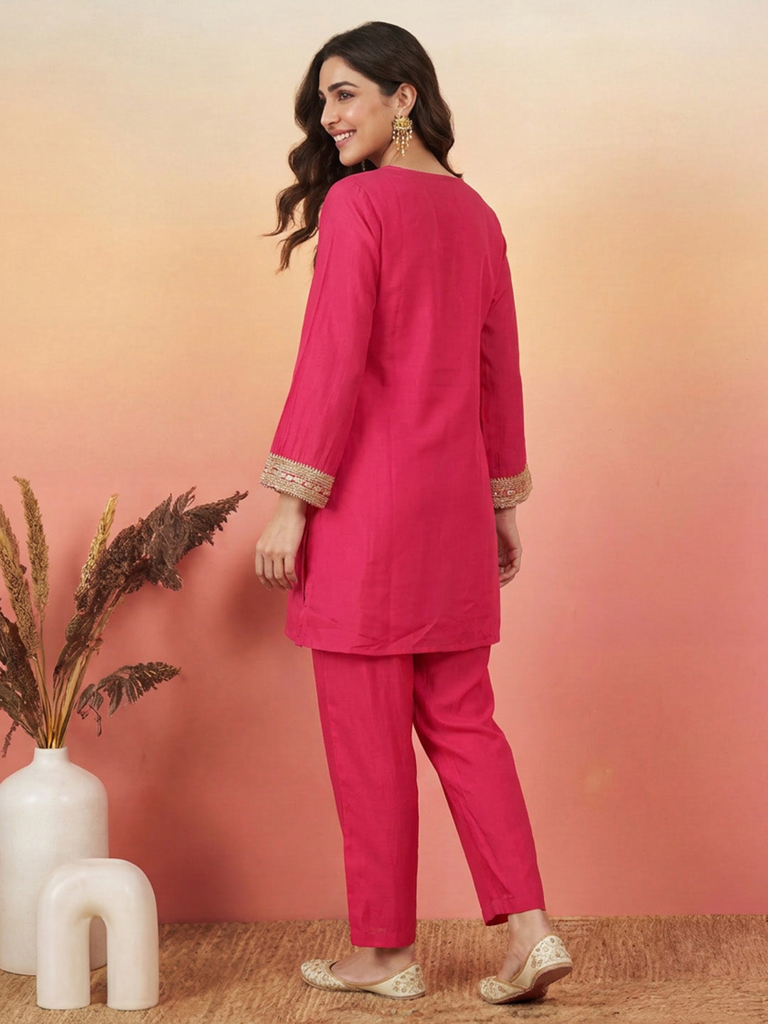 Janasya Women's Pink Silk Blend Embroidered A-Line Co-Ord Set