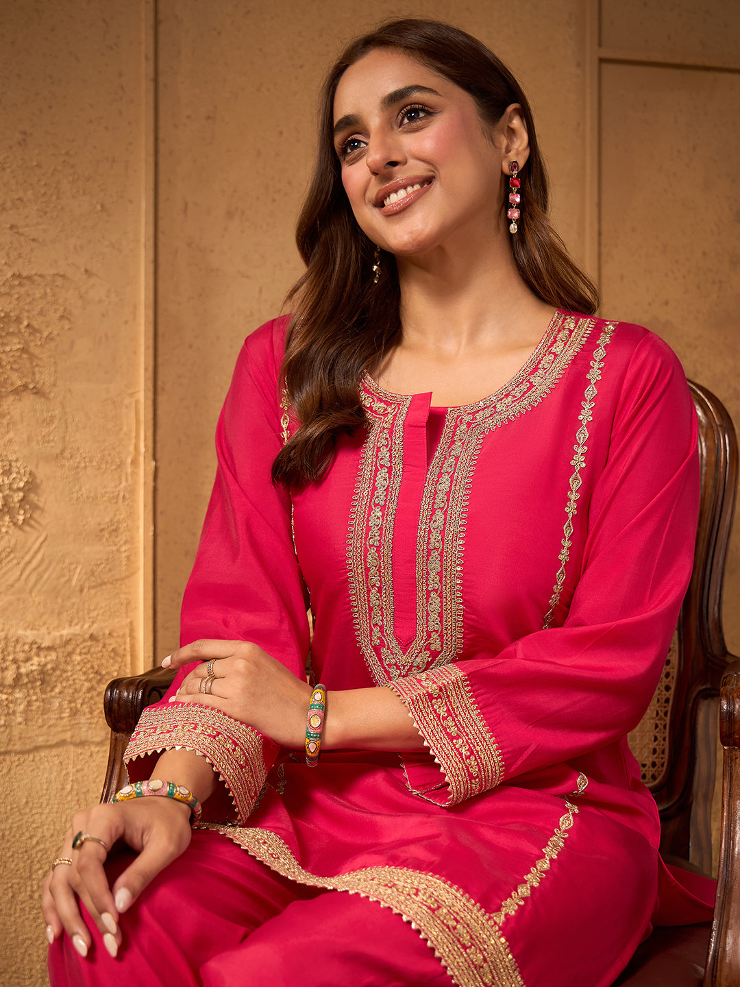 Janasya Women's Pink Silk Blend Embroidered A-Line Co-Ord Set