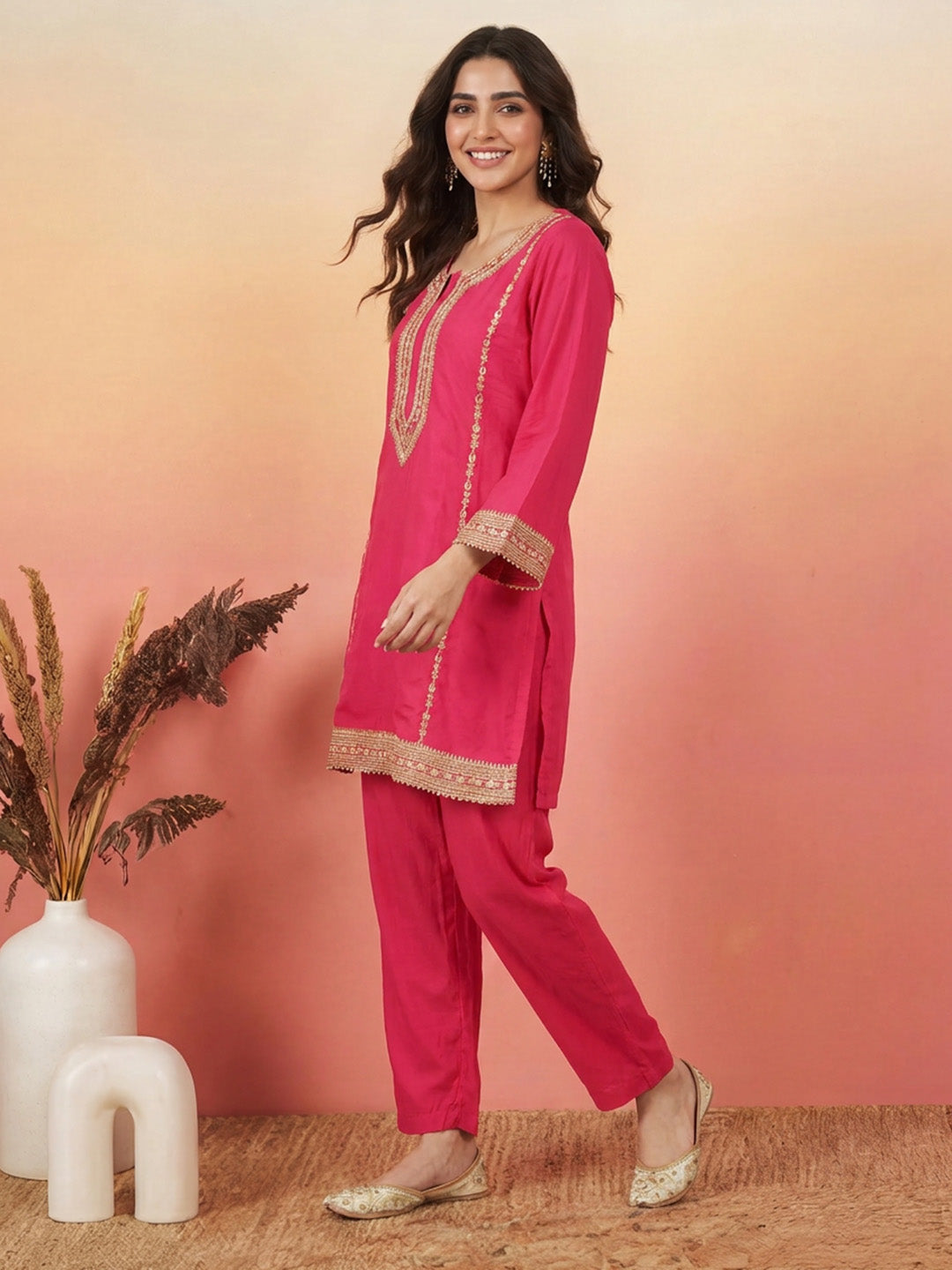 Janasya Women's Pink Silk Blend Embroidered A-Line Co-Ord Set